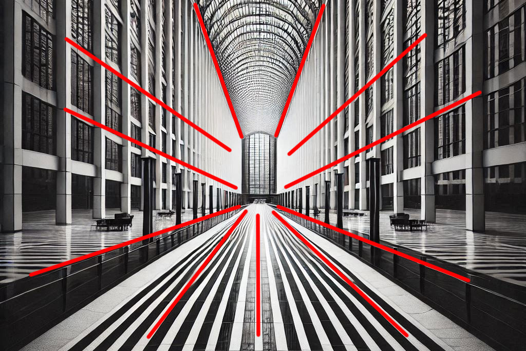 The image features straight lines, such as those formed by a pathway or architectural elements, that direct the viewer’s attention toward a central subject. The use of high contrast between the dark foreground and the lighter background enhances the depth and focus of the image, creating a striking visual impact.