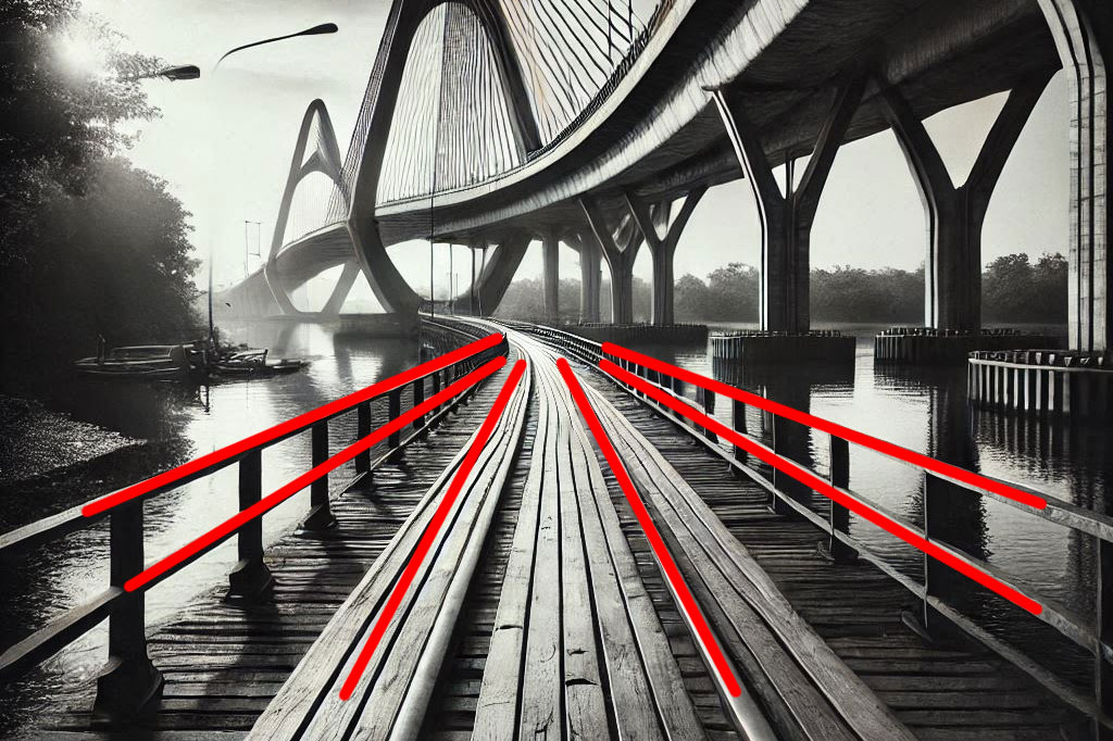 A black and white photograph featuring a river bridge. The straight lines of the bridge's structure guide the viewer's eye towards the vanishing point in the distance, creating a sense of depth and focus on the architectural elements. The contrast between the dark lines and light sky enhances the drama and intensity of the composition.