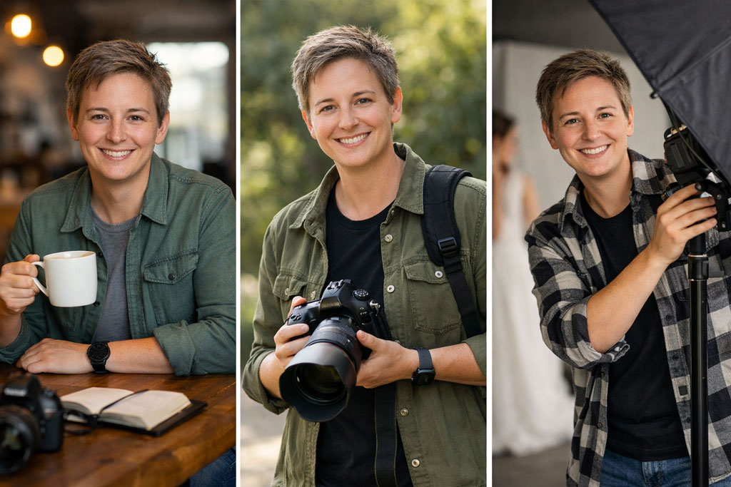 Alex from HCS Photography smiling while holding a camera, shown in relaxed behind-the-scenes portraits that reflect an approachable and friendly photography style