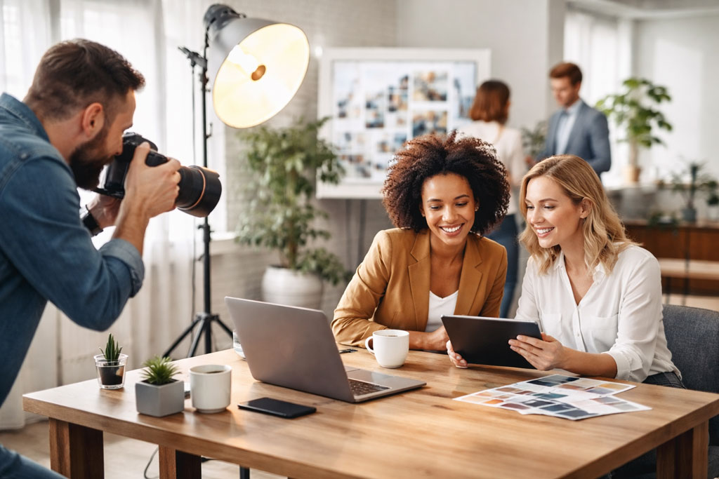 Behind-the-scenes business photoshoot showing a photographer capturing two professionals reviewing content on a tablet in a modern office, representing updated brand photography for a growing business.