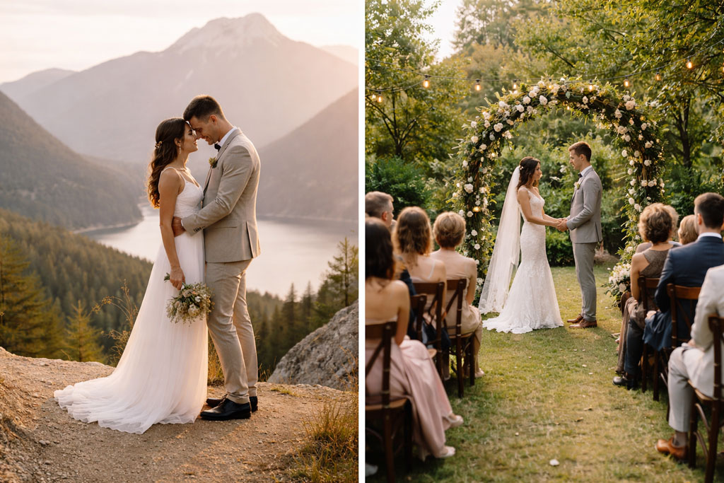 Couple sharing an intimate elopement on a mountain cliff at sunset alongside a small garden micro wedding ceremony with close family and friends.